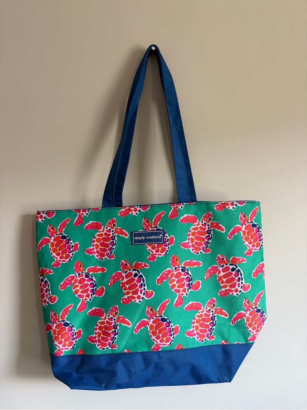 Simply Southern Teal Tote with Pink Turtle Print and Navy Trim